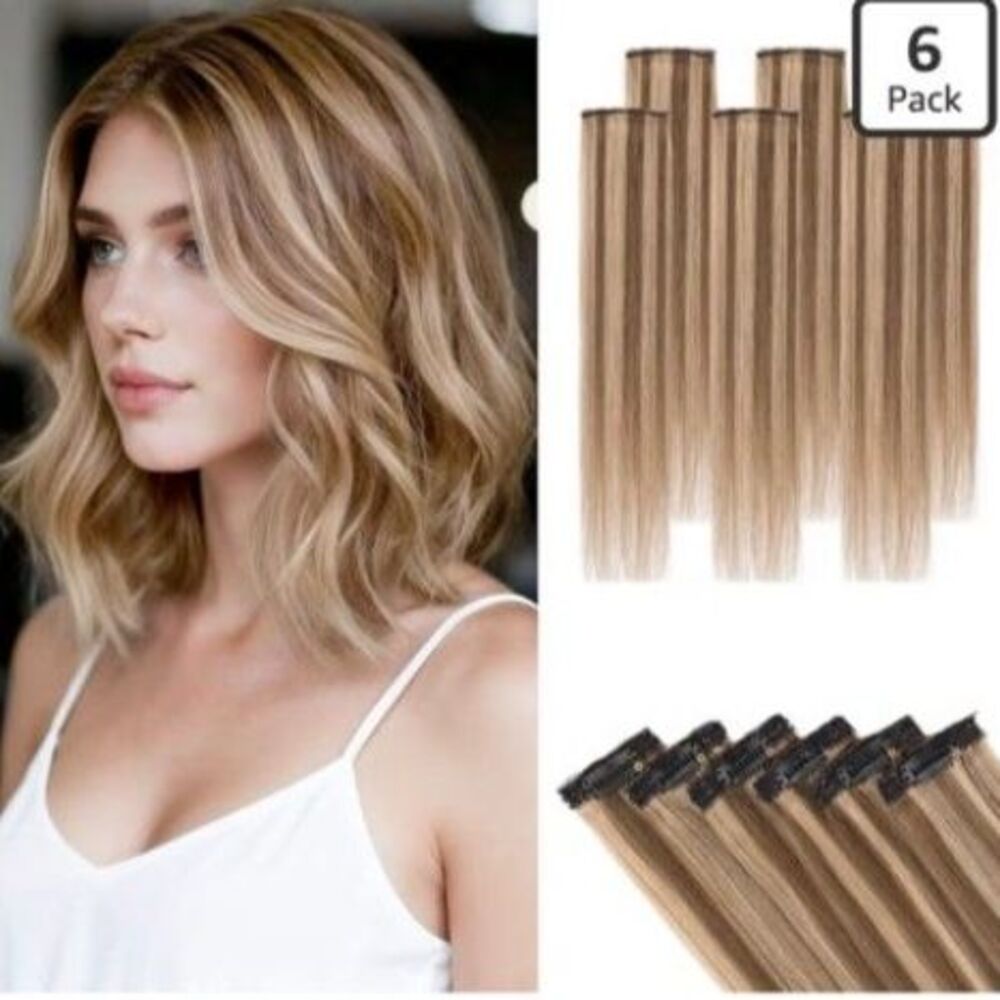 NIB S-noilite 10” Human Hair Clip-In Extensions Brown & Dark Blonde 6pc
